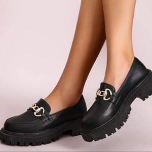Brand new, never worn, platform loafers with gold chain detailing